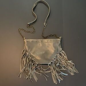 Raj LA gray leather crossbody w/fringe, chain & leather strap